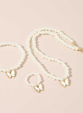 儿童珍珠项链女童六一小孩饰品宝宝珍珠首饰套装蝴蝶结手链天然戒