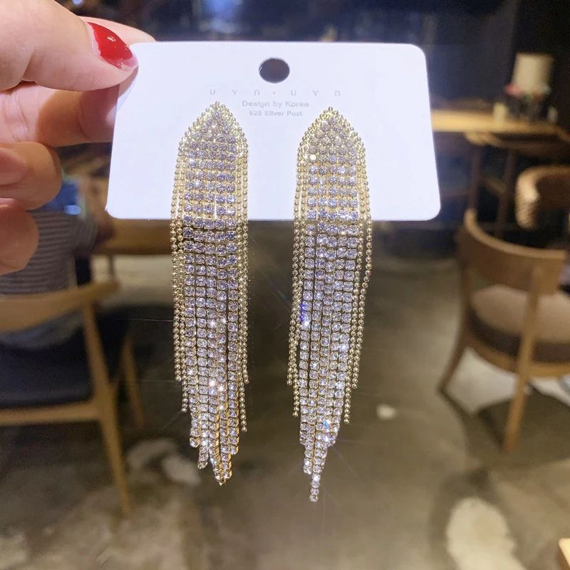 ong Tassels Colorful Rhinestone Non Pierced Earrings Jewelry - 图0