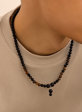 Volcanic stone beaded necklace Tiger stone spliced collarbon