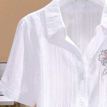 Summer simple embroidered cotton shirt 2024 Korean style pullover polo collar shirt women's tops versatility fashionable ການຫຼຸດຜ່ອນອາຍຸ