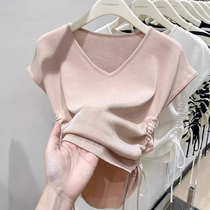 Pink V Collar Ice Knit Short Sleeve T-Shirt Woman Summer Thin Draw Rope Draped Fold Cashew Slim Fit Slim Short blouse
