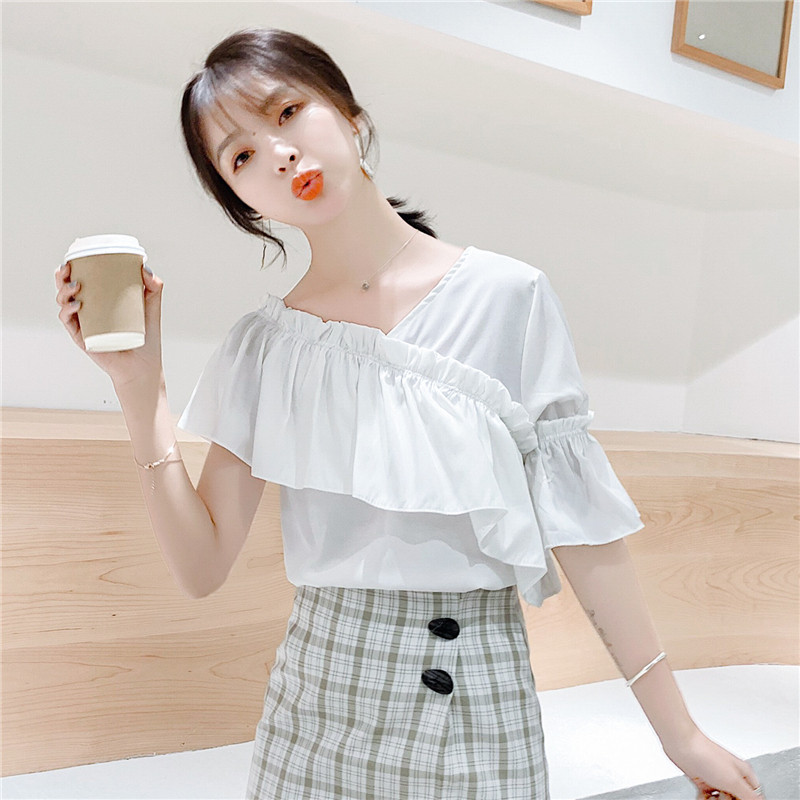 斜肩设计感小众2020年夏新款衬衫 月瑞雅蕾丝衫/雪纺衫