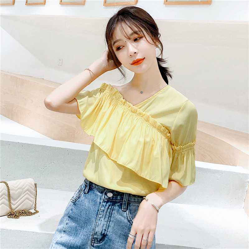 斜肩设计感小众2020年夏新款衬衫 月瑞雅蕾丝衫/雪纺衫