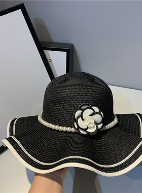 春夏复古山茶花波浪边帽草帽遮阳帽女帽子防晒帽沙滩帽遮阳黑白