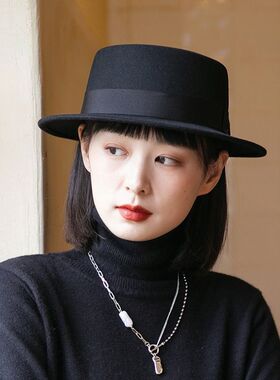 礼帽女秋冬黑色平顶帽法