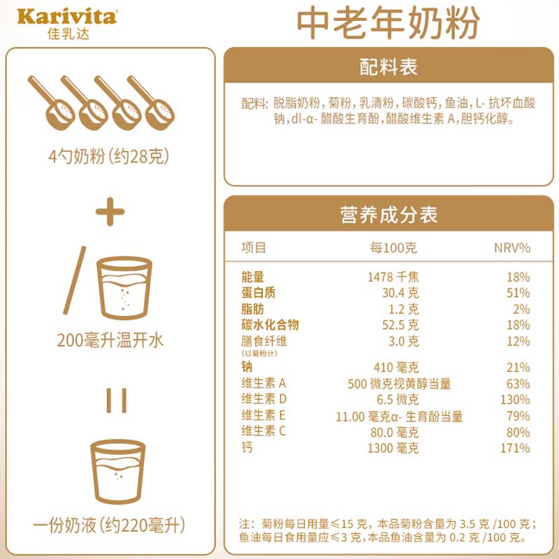 karivita佳乳达中老年奶粉2罐 成人脱脂营养品高钙低gi老年免疫力 - 图3