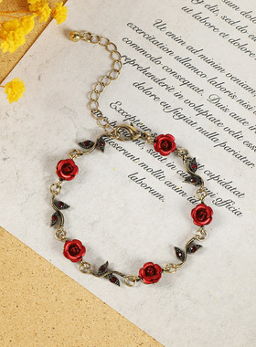 古韵森系浪漫红玫瑰花项链欧美小众法式花朵吊坠锁骨链手链耳钉女