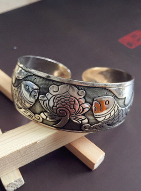 古韵民族风纹银手镯欧美雕花开口宽手环时尚个性苗银做旧古风饰品