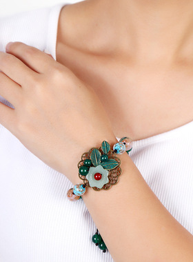 古韵民族风手链手工编织红玛瑙琉璃花朵手串女简约百搭中国风饰品