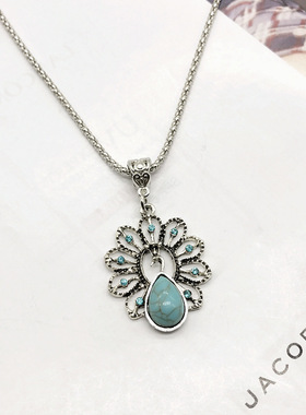 古韵项链耳环套装波西米亚欧美民族风古银松石毛衣锁骨链百搭耳饰