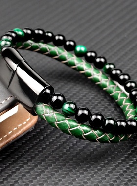 定制款时尚多层串珠绿色虎眼石皮革编织不锈钢磁铁男士多层手链