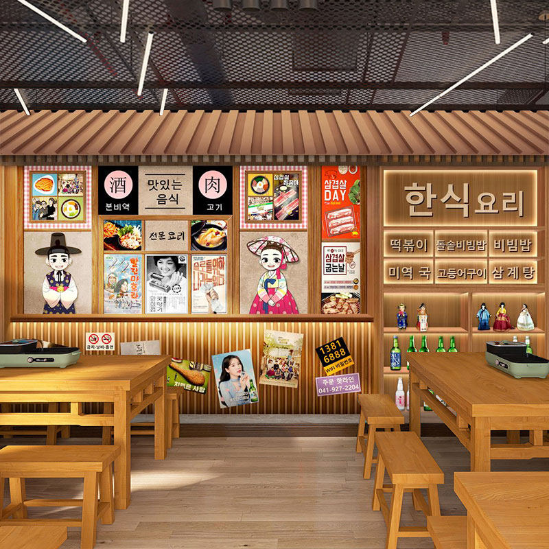 朝鲜民族风主题壁画韩式烤肉店装修墙纸韩国料理餐厅特色装饰壁纸