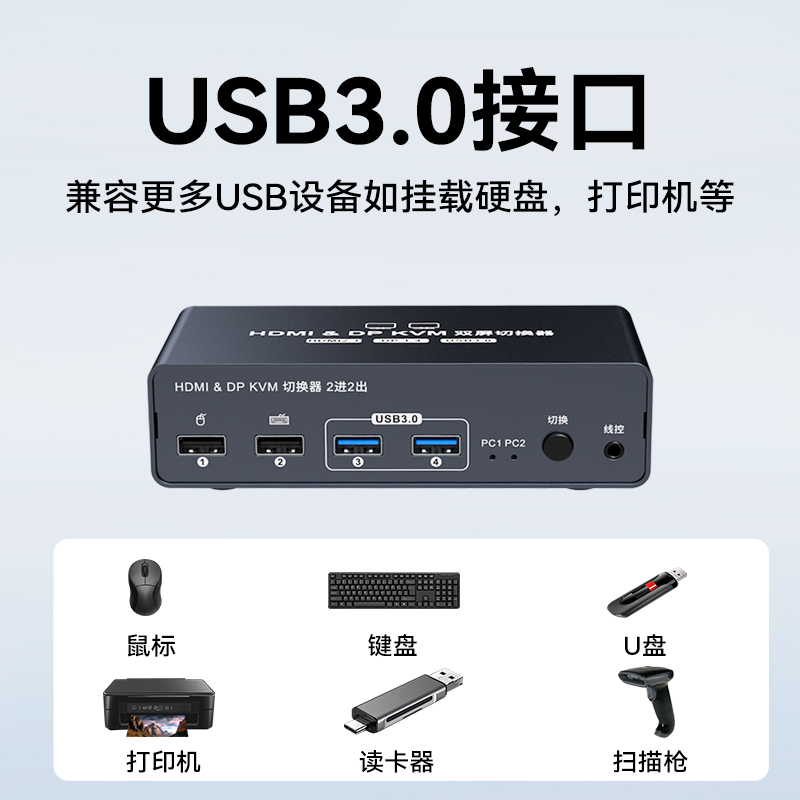 Vpfet hdmi+dp kvm切换器双屏二进二出8K超清4K120Hz高刷两台电脑切换使用两个显示器usb3.0共享键盘鼠标 - 图3