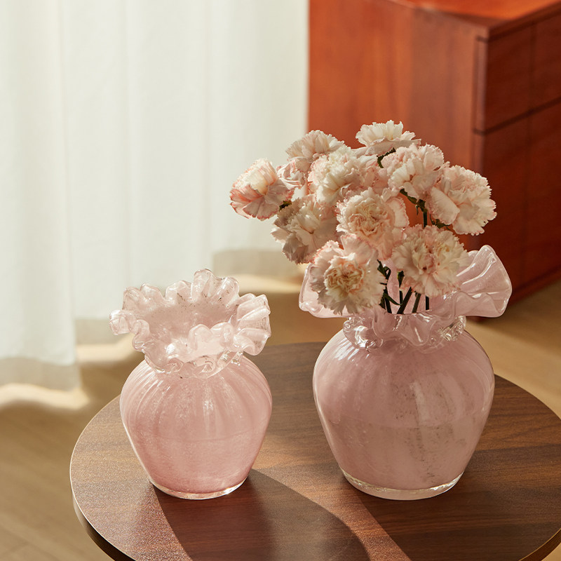 轻奢中古北欧手工波浪口水培装饰花器北欧风粉色创意玻璃花瓶摆件,淘宝优惠券,粉丝福利购,淘宝优惠卷