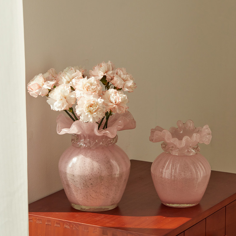 轻奢中古北欧手工波浪口水培装饰花器北欧风粉色创意玻璃花瓶摆件,淘宝优惠券,粉丝福利购,淘宝优惠卷