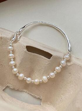 S925镀银珍珠半镯半链法式复古