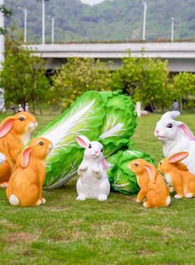 户外仿真兔子雕塑玻璃钢花园庭院草坪园林装饰景观白菜发光兔摆件