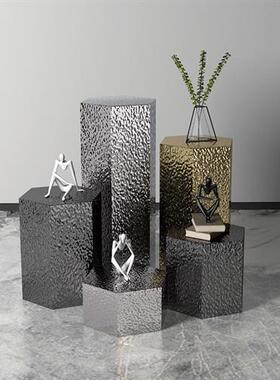 现代轻奢水波纹不锈钢酒店售楼部会所服装店雕塑台展示台落地摆件