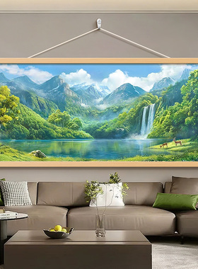 八方来财山水画餐厅背景卷轴挂画