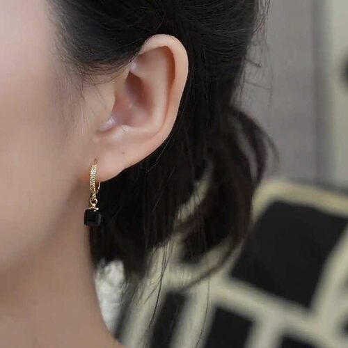 黑色方块吊坠耳扣耳环2026新款防过敏微镶锆石耳扣气质韩国耳饰女 - 图1