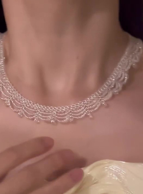 法式多层蕾丝花边串珠项链小众
