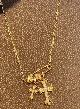 中古vintage别针镶钻十字架吊坠