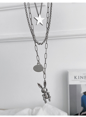 叠戴星星机械兔子毛衣链钛钢长款