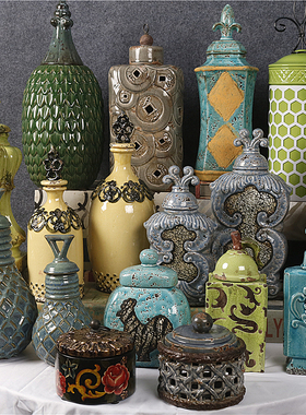 式复古做旧陶瓷浮雕带盖收纳罐子