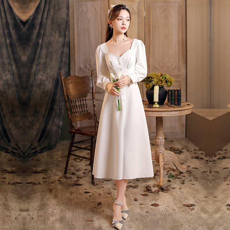 领证小白长袖秋季登记法式轻连衣裙 美蓓可连衣裙