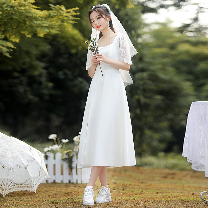 领证小白大码方领缎面显瘦轻夏裙子 美蓓可连衣裙