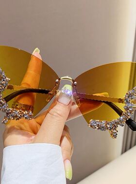 butterfly shaped diamond rimless sunglasses for women太阳镜
