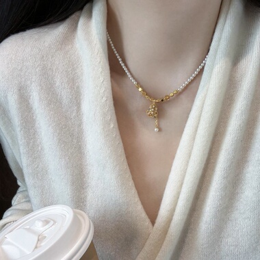 爆闪碎碎冰镶钻镂空葫芦珍珠项链