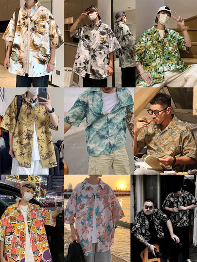 Hong kong style retro hawaiian all-over printed short-sleeved vintage floral shirt men's large size trendy ins beach shirt