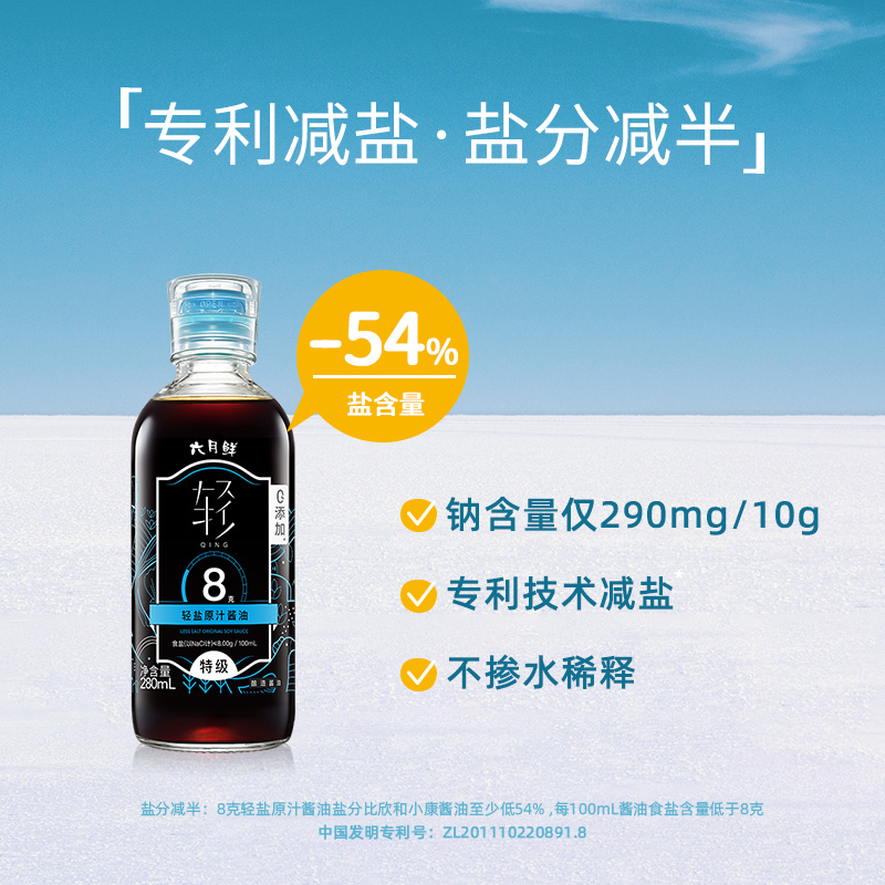 六月鲜·轻8克轻盐特级酿造生抽酱油280ml 0%添加防腐剂减盐家用 - 图1