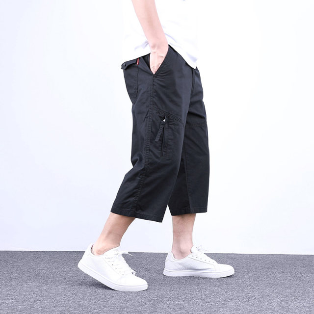 Summer men's cropped pants men's loose straight shorts summer mid-pants loose 7-point pants pure cotton casual thin style