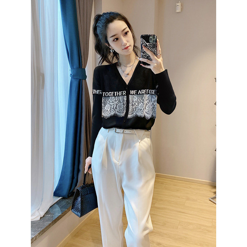 v领蕾丝黑色法式显瘦短款针织衫 绣檬玥毛针织衫