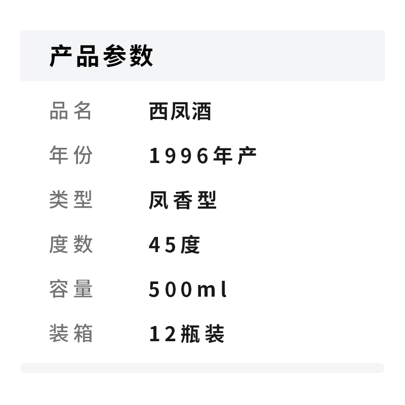 1996年产西凤酒·凤香型 ·45度 500ml 单瓶价