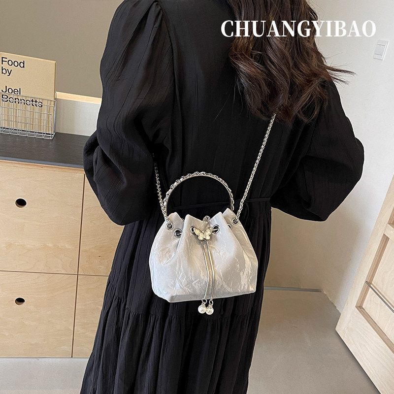 银色水桶包包女式2025新款单品链条包轻奢小众高级感新中式斜挎包,淘宝优惠券,粉丝福利购,淘宝优惠卷