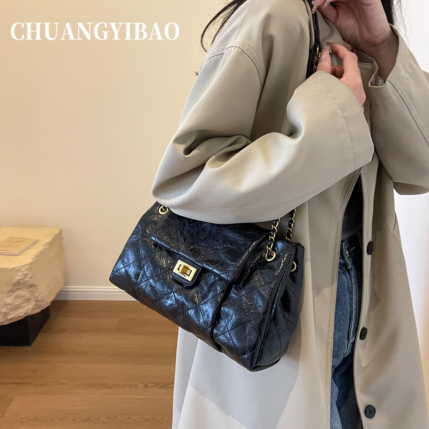 黑色小香风腋下托特包包女式2026新款高级感大容量通勤百搭单肩包,淘宝优惠券,粉丝福利购,淘宝优惠卷