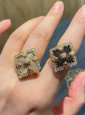 布吉拉提opera歌剧院四叶草戒指女银18K金复古拉丝白贝母单花轻奢