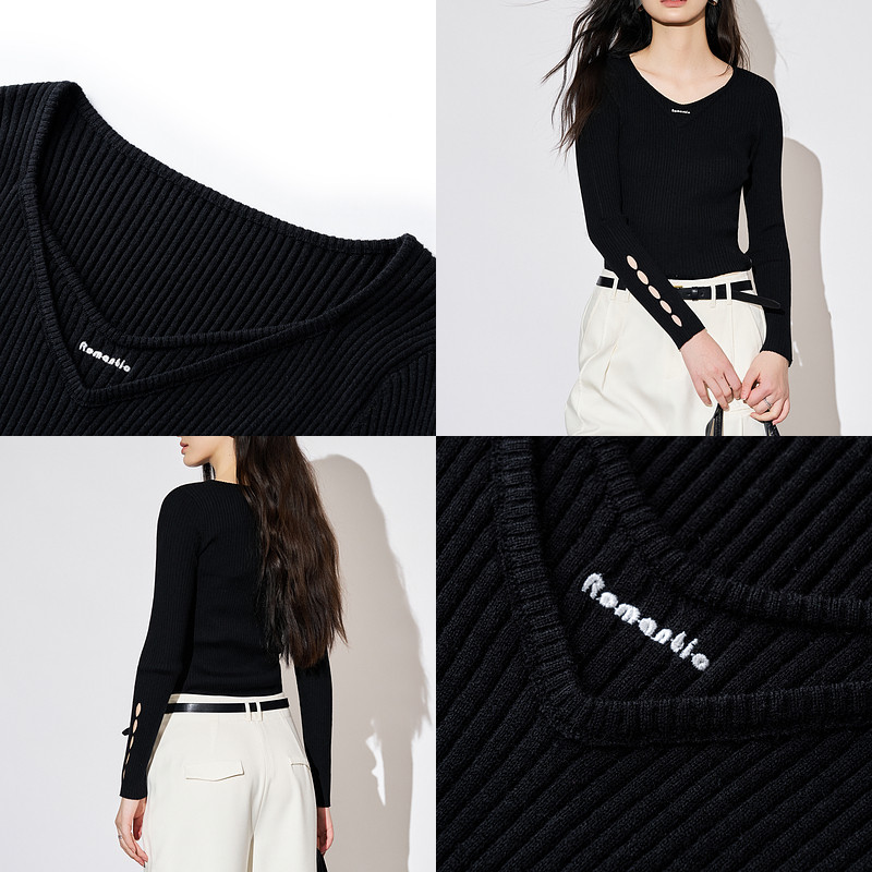 XG雪歌XK311867A890黑色镂空毛针织衫时尚秋季新款修身长袖毛衫女,淘宝优惠券,粉丝福利购,淘宝优惠卷