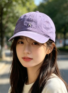 日本品质原创极简设计水洗深顶透气复古棒球帽大头围鸭舌帽女紫色