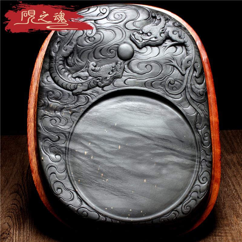 砚之魂安徽精品歙砚原石砚台非遗名师孤品歙砚老坑金星眉纹砚台双龙戏珠_虎窝淘