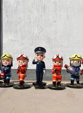 玻璃钢卡通消防员铸铜人物雕塑定制铁艺镂空剪影拍照座椅模型摆件