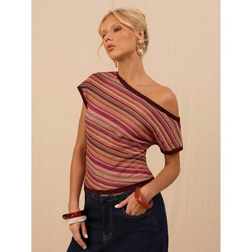 条纹斜肩领上衣女Colorful striped sloping shoulder collar top - 图1