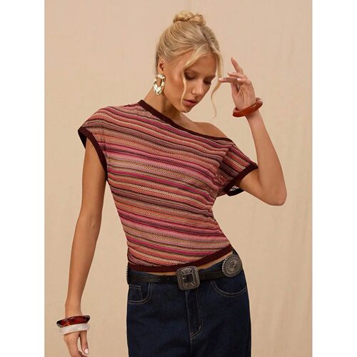 条纹斜肩领上衣女Colorful striped sloping shoulder collar top - 图2