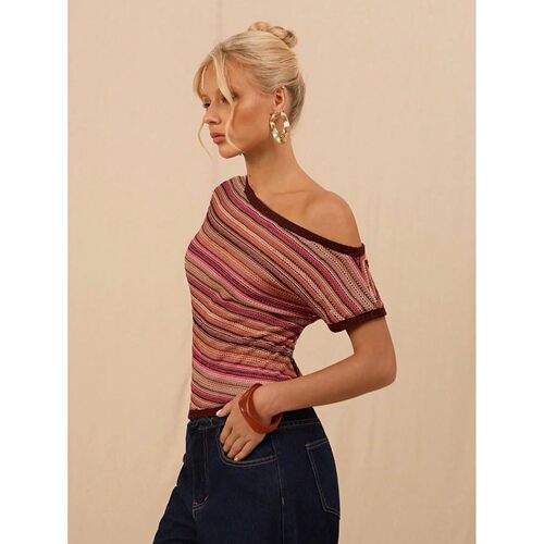 条纹斜肩领上衣女Colorful striped sloping shoulder collar top - 图3