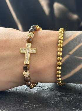 欧美金色十字架圆珠手链