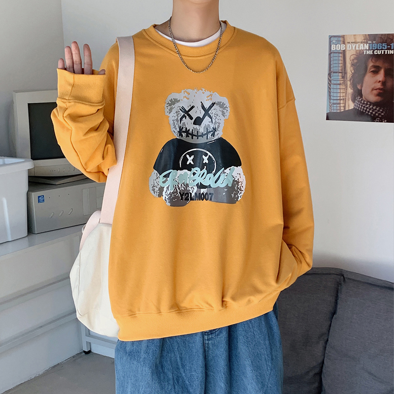 潮百盾旗舰店宽松大码港风印花ins卫衣男潮流学生上衣春秋季长袖t恤打底衫3