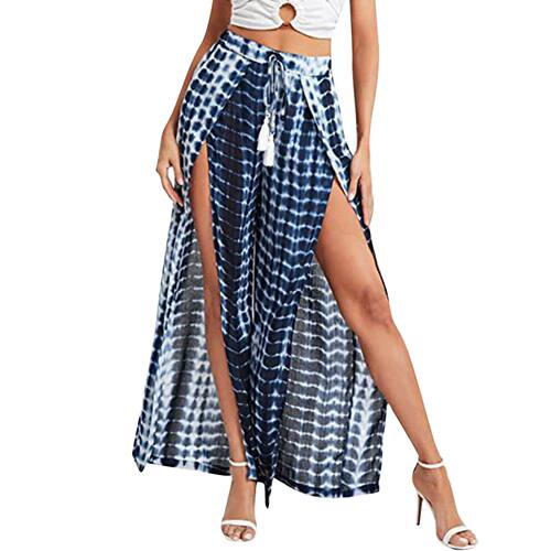 度假系带腰开叉阔腿裤 lace-up waist high slit wide leg pants - 图0